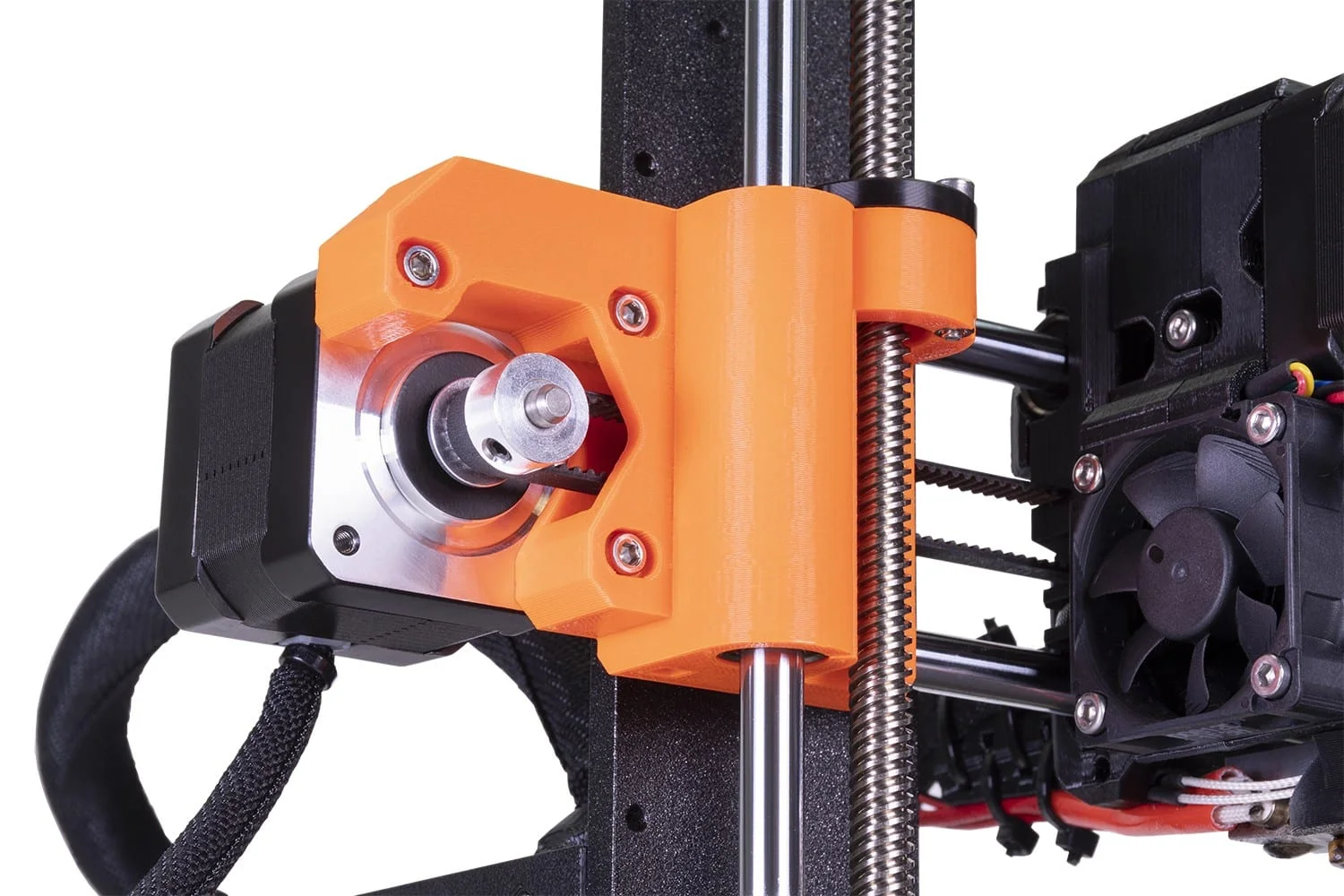 Prusa i3 MK3S+ Z-axis motor mount in orange printed plastic with lead screw and smooth rods