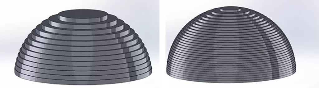 3D Printer Resolution: Why Spec Sheets Mislead and a Simple Test 5 The same dome sliced at a thick and a thin layer height: thick layers leave large visible steps, thin layers a smoother curve