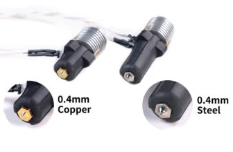 Two hotend heater assemblies with 0.4mm copper and steel nozzles side by side, labelled