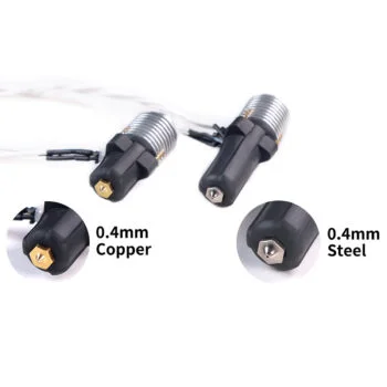Two hotend heater assemblies with 0.4mm copper and steel nozzles side by side, labelled