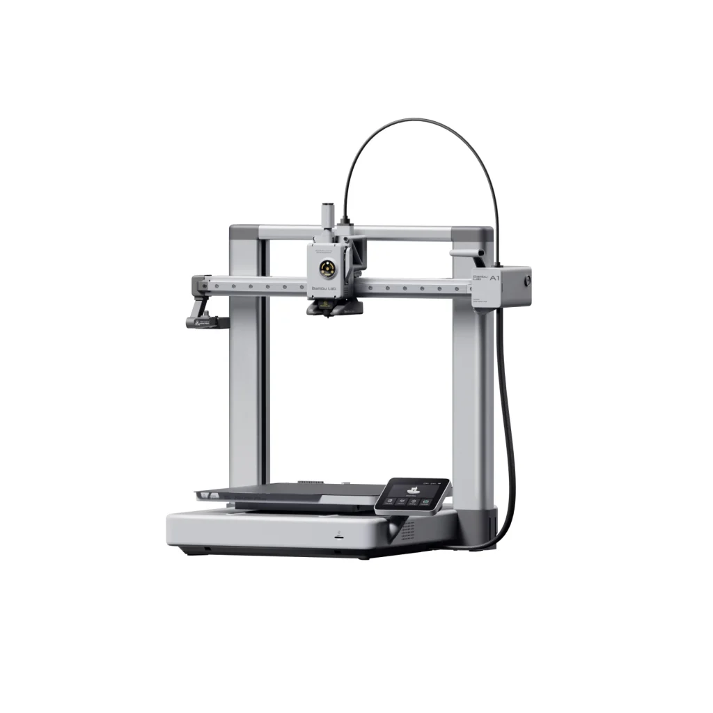 Bambu Lab A1 front view showing the aluminum frame uprights, X-axis gantry and cast base