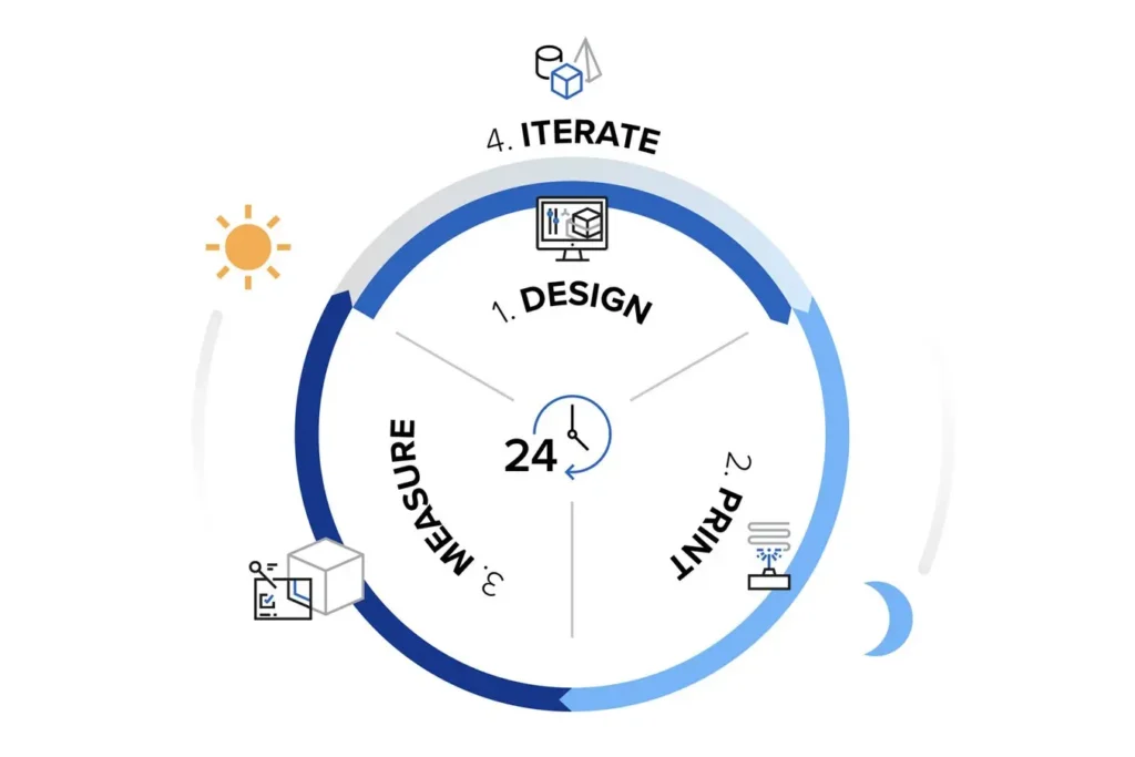 Rapid prototyping workflow showing design to physical part cycle