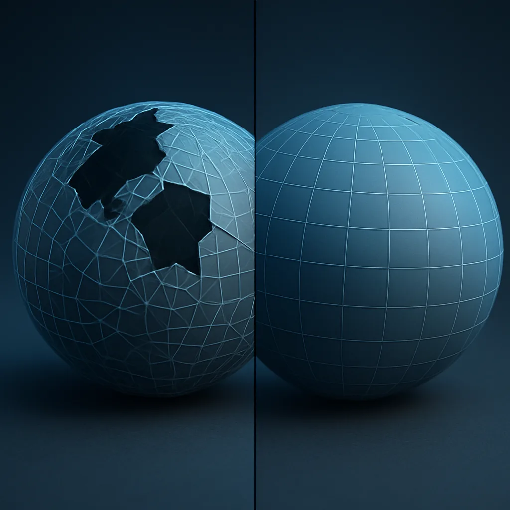 Damaged vs Repaired Wireframe Spheres