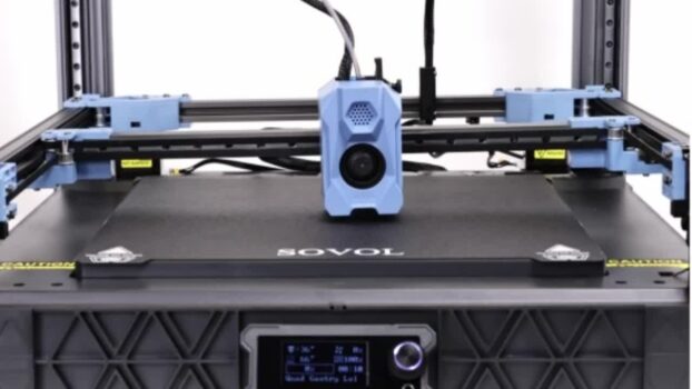 Sovol SV08 CoreXY 3D printer with a blue toolhead on a gantry over a stationary print bed