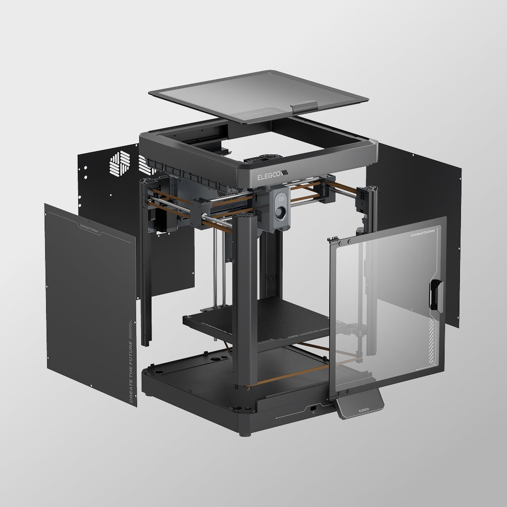 Elegoo Centauri Carbon exploded view showing the frame, side panels, glass door, top lid and enclosure construction