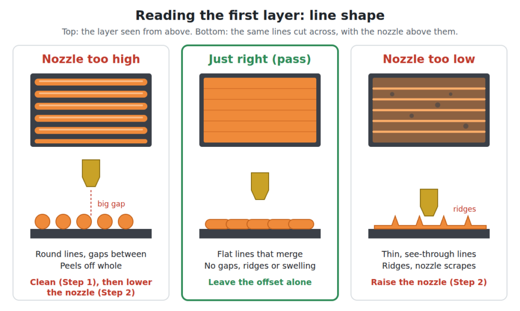 First layer troubleshooting diagram: round separate lines when the nozzle is too high, flat merged lines when right, thin ridged lines when too low