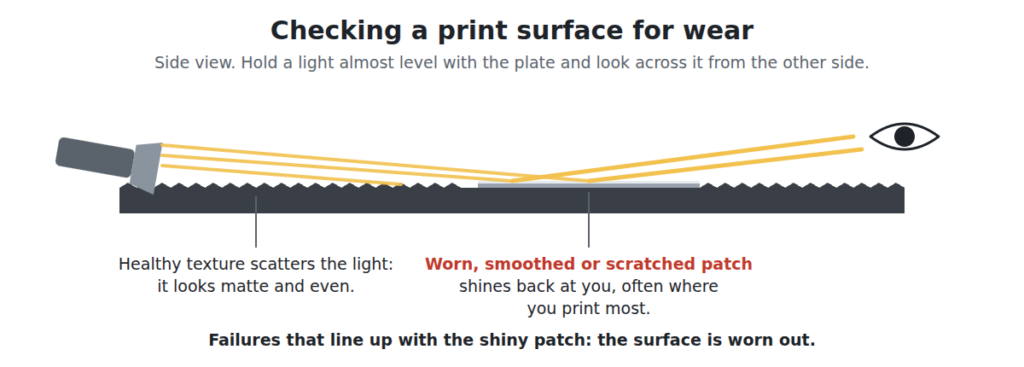 Diagram: a light held low across a print plate makes a worn, smooth patch shine